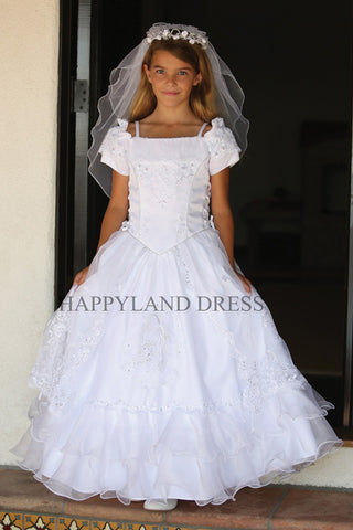 D1303 Embroidered Satin with Organza Communion Dress (White Only)