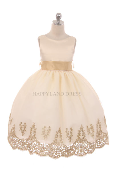 Taupe with Sash on Gold Applique Bottom Dress D2141712 – Happy Land