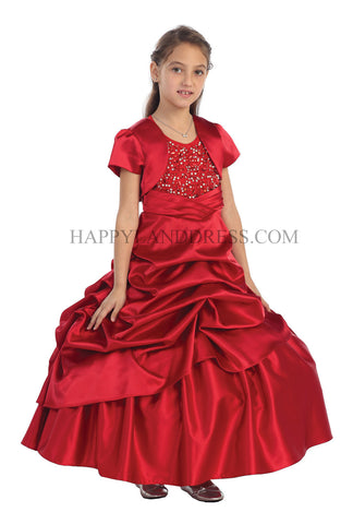 D0313 Floor Length, Satin Jacket Dress With Stone-Beads Bodice (4 Diff. Colors)