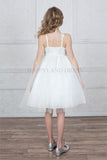 White Ruched Bodice with Flower Applique Tea Length Dress #212767
