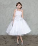 Ivory Ruched Bodice with Flower Applique Tea Length Dress #212767