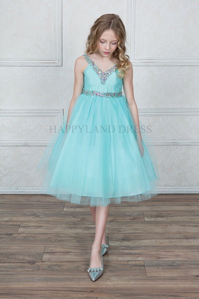 Aqua V-Neck Tulle Rhinestone Tea length Dress Happy Land Aqua V-Neck Tulle Rhinestone Tea length Dress Happy Land