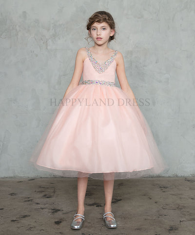 Blush Pink V-Neck Tulle Rhinestone Tea length Dress