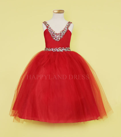 Red V-Neck Tulle Rhinestone Tea length Dress