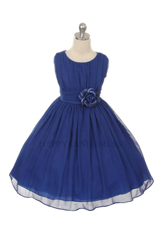 D2423 Royal Blue Ruched Chiffon Flower Girl Dress