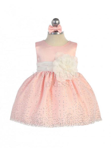 Peach Sleeveless Satin Bodice Infant Girl Dress with Sparkle Tulle