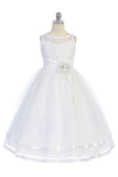 D5203 Flower Embroidered Bodice with Satin Trimmed Tulle Skirt Dress (4 Diff. Colors)