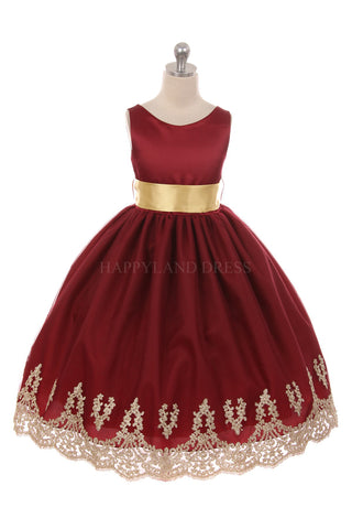 Burgundy with Sash on Gold Applique Bottom Dress D2141712 Happy Land Burgundy with Sash on Gold Applique Bottom Dress D2141712 Happy Land