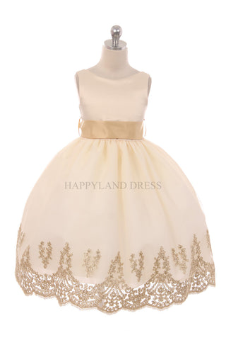Taupe with Sash on Gold Applique Bottom Dress D2141712 Happy Land Taupe with Sash on Gold Applique Bottom Dress D2141712 Happy Land