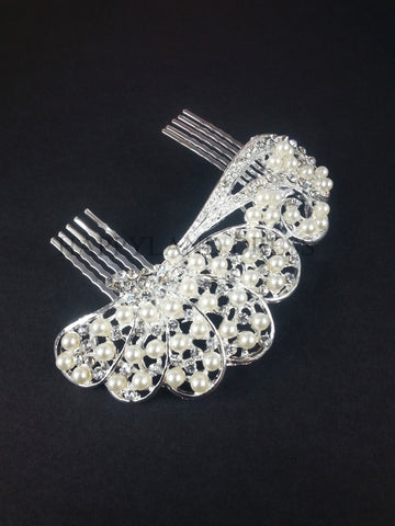 Bridal Silver With Crystal Rhinestone Pearl Hair Pin Comb