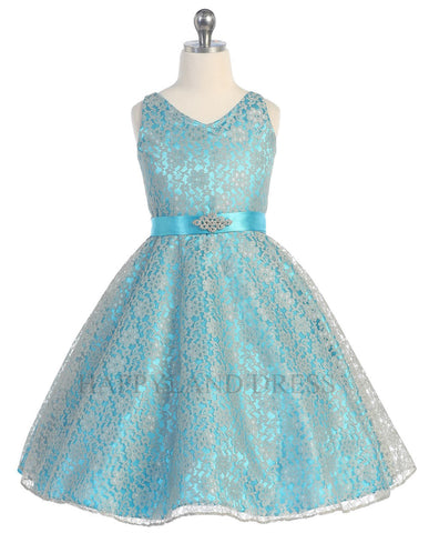 D742 Turquoise V Neck Lace Dress