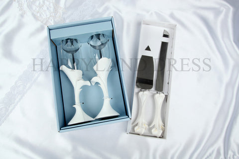 Calla Flower Wedding Champagne Glass Flute and Knife Set