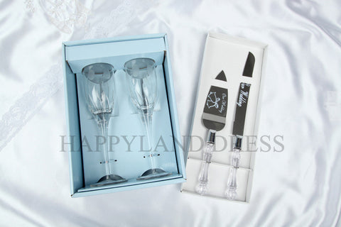 Wedding Champagne Glass Flute and Knife Set