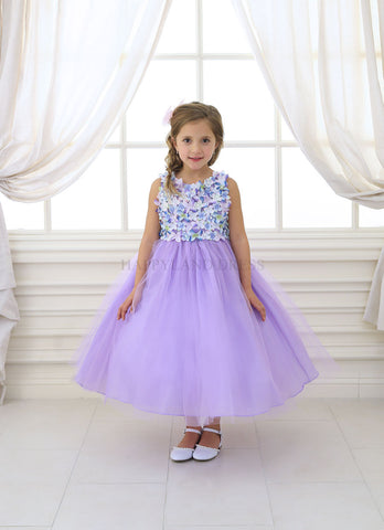 D630 Lilac Satin & Tulle Dress with Floral Accents Girl Dress