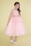 Blush Pink Draped Shoulder with Rhinestone Tulle Dress #212760