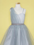Silver Draped Shoulder with Rhinestone Tulle Dress #212760