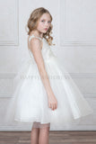 White Ruched Bodice with Flower Applique Tea Length Dress #212767