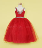 Red V-Neck Tulle Rhinestone Tea length Dress