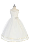 D5203 Flower Embroidered Bodice with Satin Trimmed Tulle Skirt Dress (4 Diff. Colors)