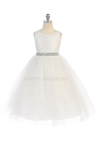 D3245 White Lace & Tulle Dress w/ Rhinestone Belt