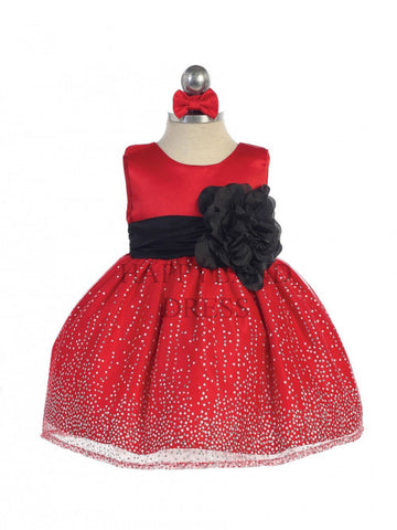 Red Sleeveless Satin Bodice Infant Girl Dress with Sparkle Tulle Skirt