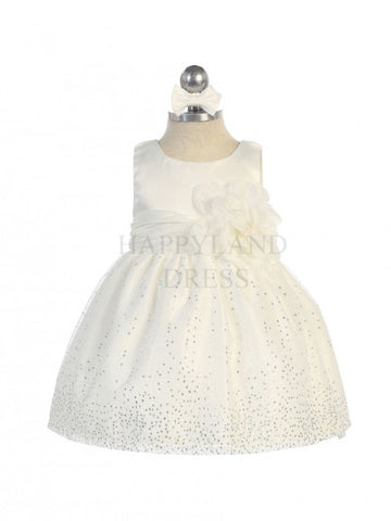 Ivory Sleeveless Satin Bodice Infant Girl Dress with Sparkle Tulle Ski Happy Land Ivory Sleeveless Satin Bodice Infant Girl Dress with Sparkle Tulle Ski Happy Land