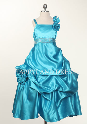 D2458 Satin Pinched and Puffed Dress (Turquoise Only)