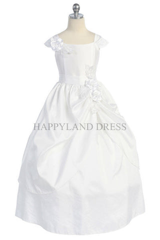 GCM701 White Taffeta Rosette Dress (White Only)