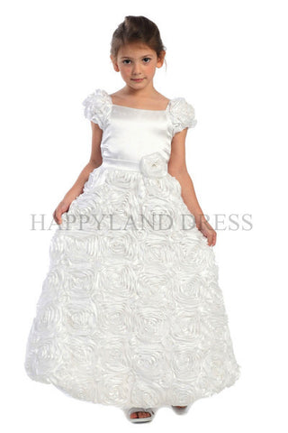 D702 White Satin Rosette Dress (White or Ivory)