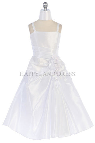 GCM3290 White Satin Rosette Dress (White Only)